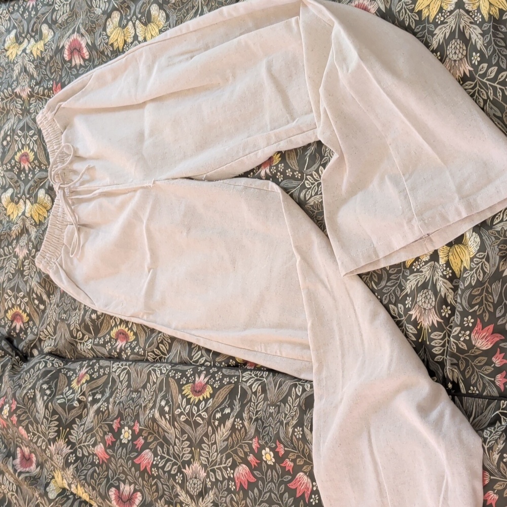 Casual Cream Linen Wide-Leg Pants